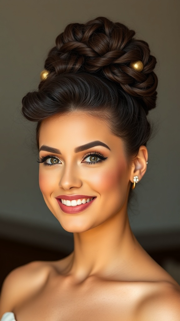 A bride with a high curly updo adorned with gold hair cuffs, showcasing a beautiful braided hairstyle.