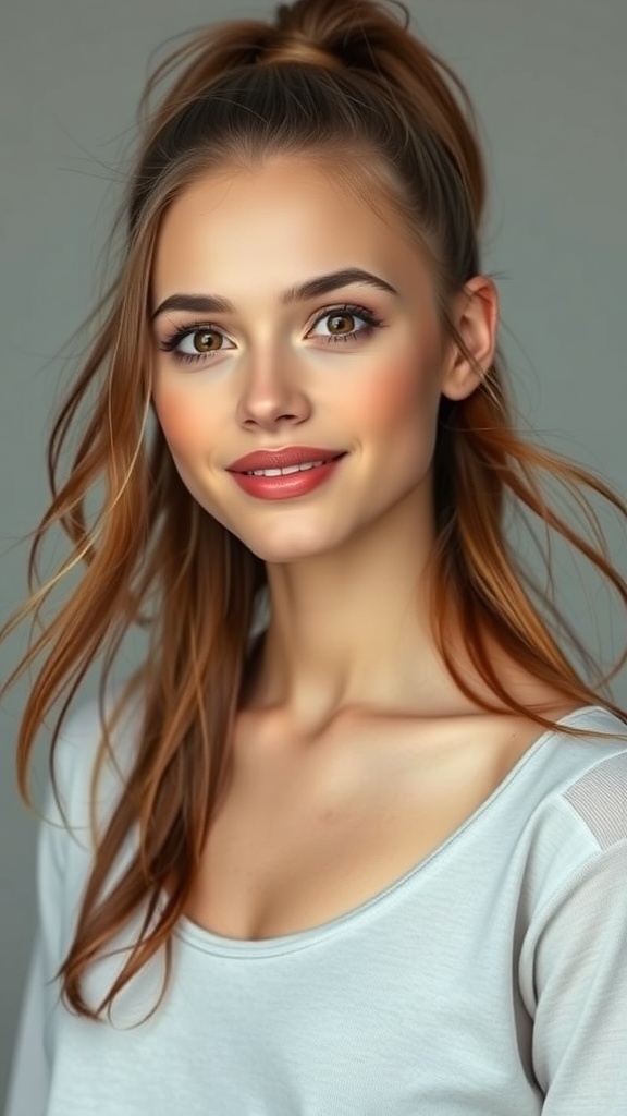A young woman with a high half ponytail, soft layered hair, and curtain bangs, smiling with a braided headband.