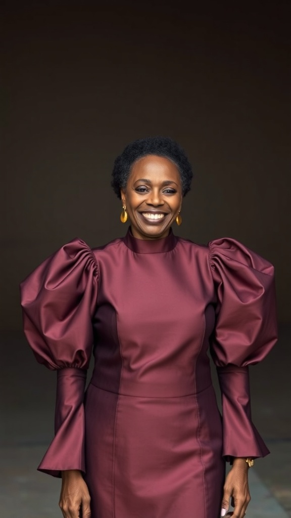 A woman wearing a high neck Kente dress with puff sleeves, smiling confidently.