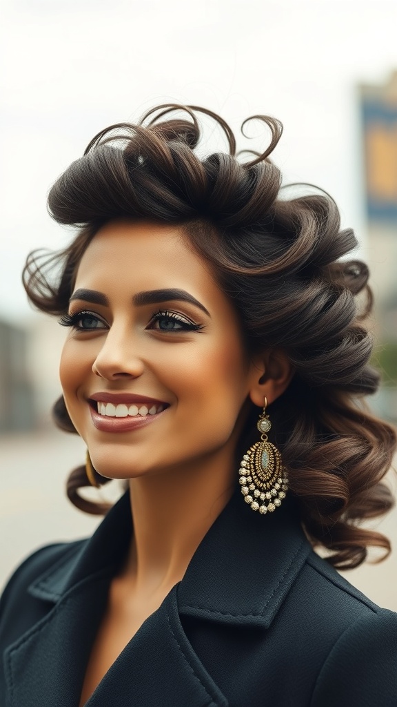 A woman with high pinned curls hairstyle, smiling and wearing elegant earrings.