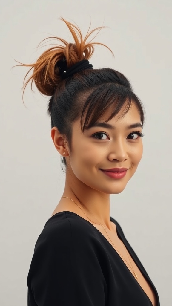 A woman with a high ponytail on short hair, featuring extensions, smiling at the camera.