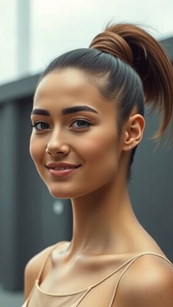 A woman with a high sleek ponytail hairstyle, featuring a wrapped base, smiling confidently.