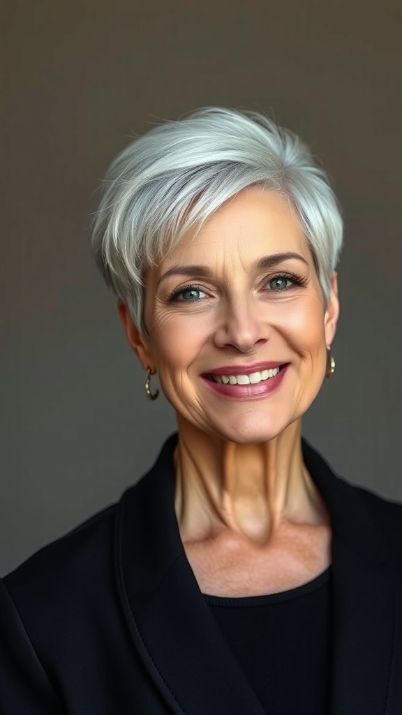A woman with a high volume tomboy haircut, smiling confidently.