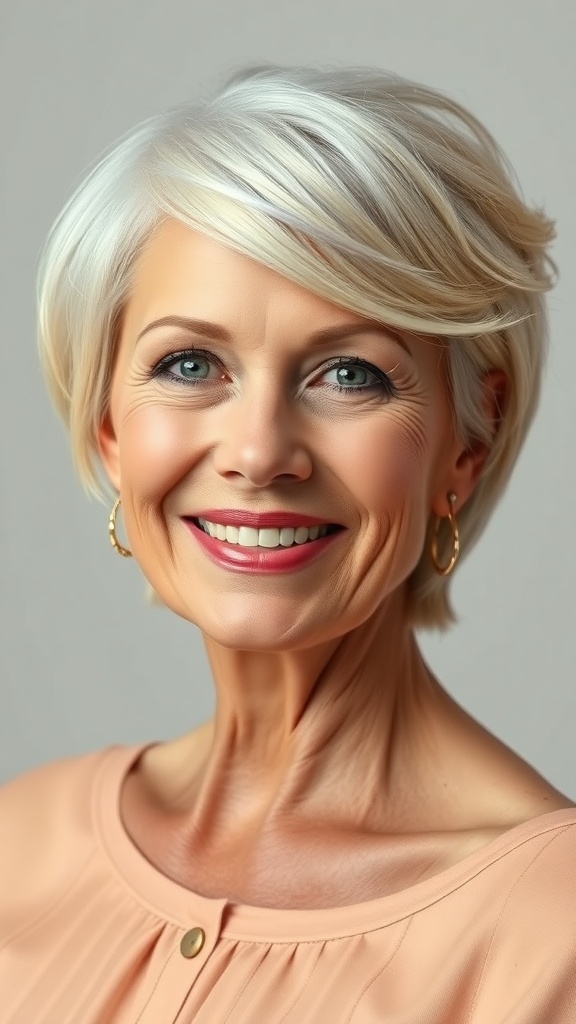 A woman with a highlighted wedge hairstyle featuring textured sides, smiling confidently.