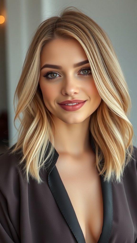 A woman with honey blonde medium layered hair with tapered ends, smiling softly.