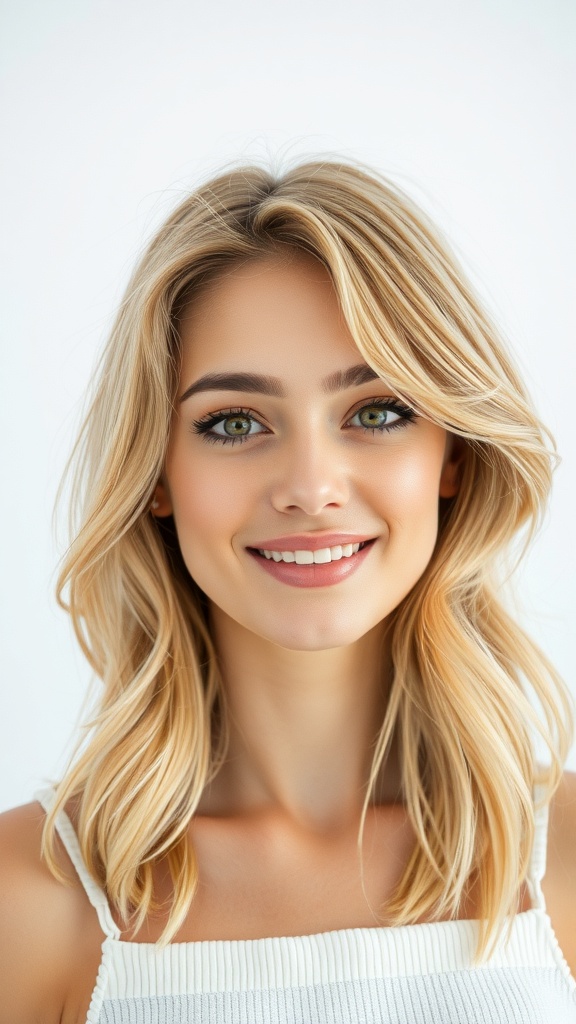 A smiling woman with honey blonde midlength hair styled in soft layers and airy volume.
