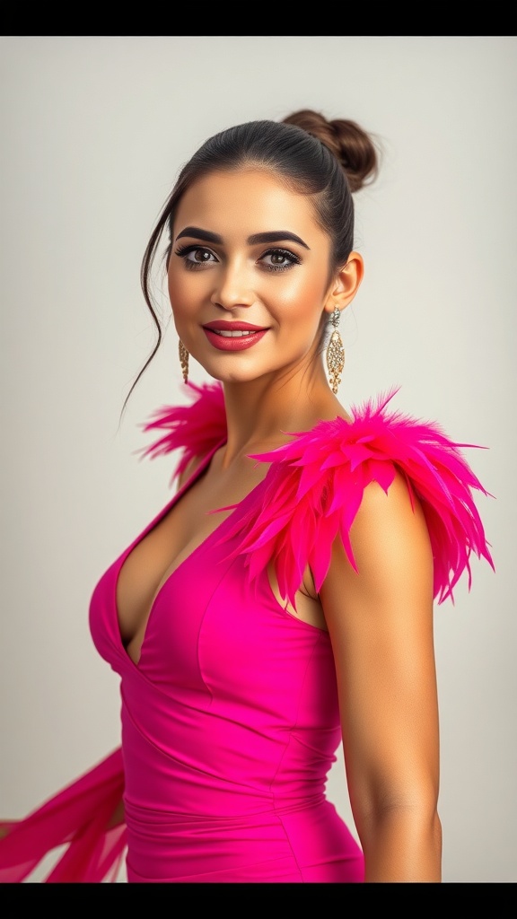 A woman wearing a hot pink Latin dance outfit with shoulder feathers, showcasing a confident smile.