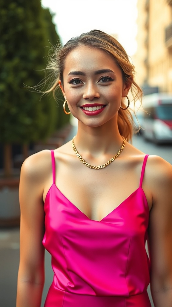 A woman wearing a hot pink satin slip dress and gold jewelry, smiling confidently.