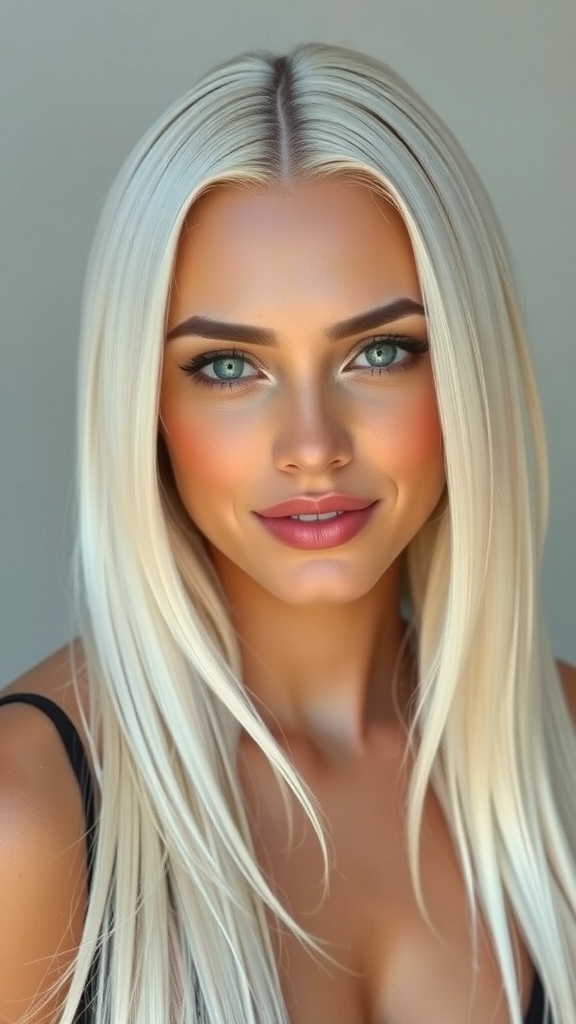 A woman with long, icy blonde layered hair styled minimally, showcasing a fresh and modern look.