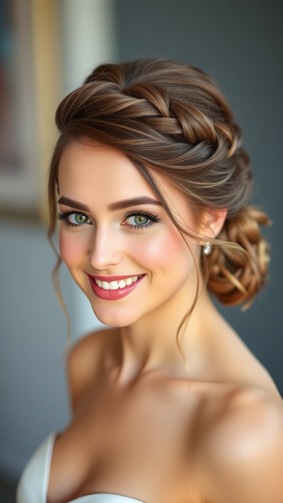 A woman with an intricate braided updo featuring long hair loops, smiling and showcasing her elegant wedding hairstyle.