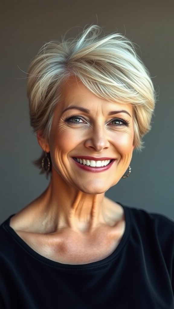 A smiling woman with an inverted wedge haircut, showcasing a stylish and modern look.