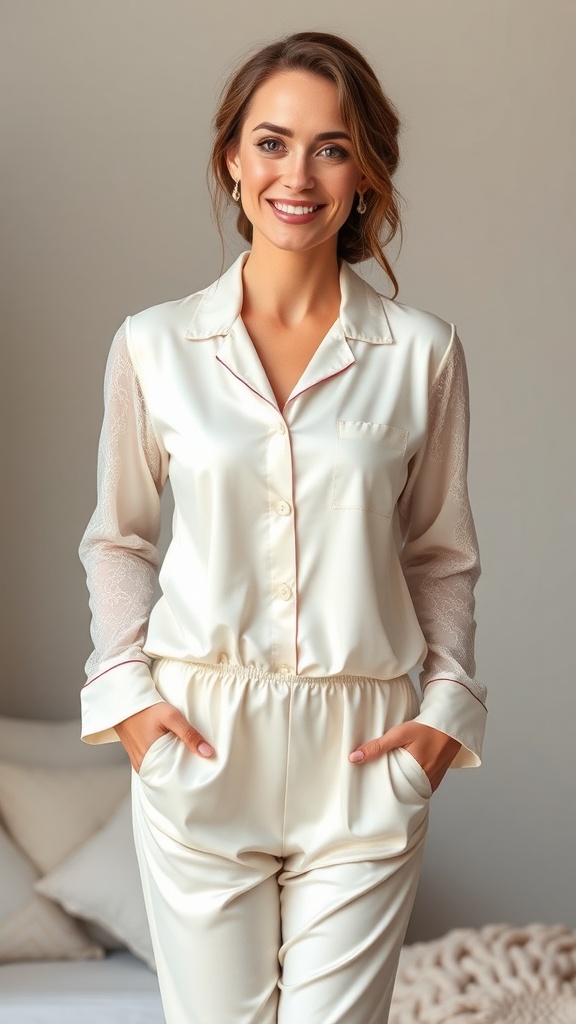 A smiling woman wearing an ivory bridal pajama set with sheer sleeves, showcasing a relaxed and elegant style.