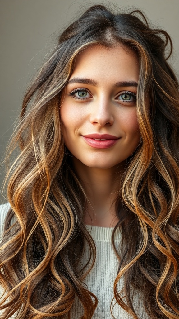 A woman with long, layered hair styled in natural waves, inspired by Janis Joplin's iconic look.