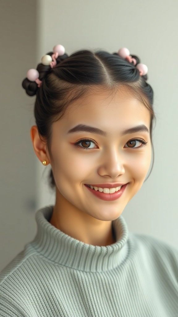 A young woman with short hair styled in kawaii bubble braids, wearing a cozy sweater.