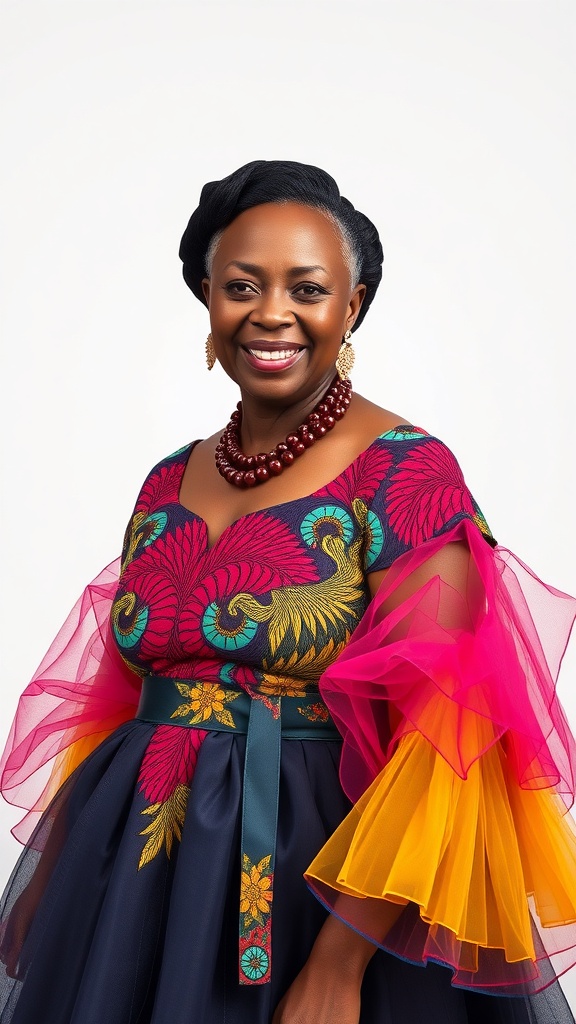 A woman wearing a Kente and tulle hybrid dress, featuring vibrant patterns and elegant tulle sleeves.