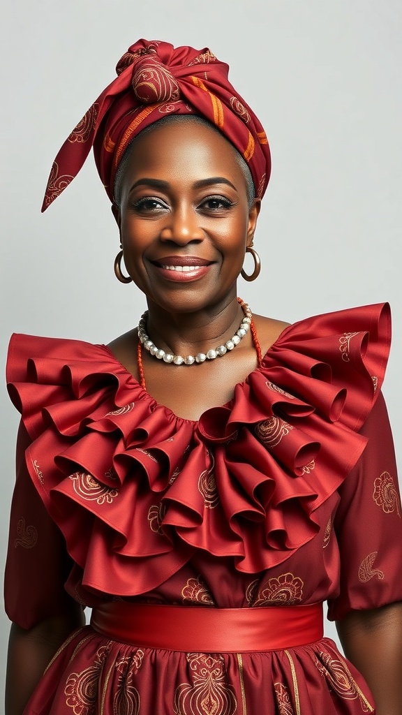 A woman wearing a red Kente blouse with ruffled peplum and a matching head tie, smiling confidently.