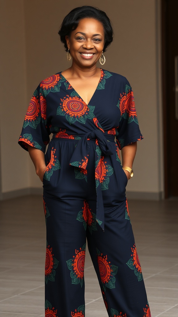 A woman wearing a Kente jumpsuit with a wrap bodice, featuring vibrant patterns and a flattering fit.