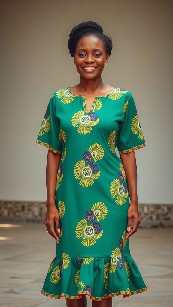 A woman wearing a green Kente midi dress with a ruffle hemline, featuring floral patterns.