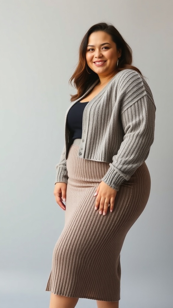 A woman wearing a cropped cardigan and midi skirt in a stylish knit set.