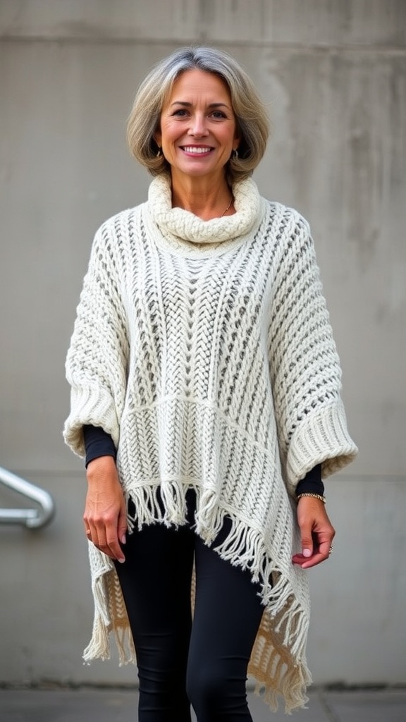 A woman wearing a knitted poncho and black leggings, smiling against a neutral background.