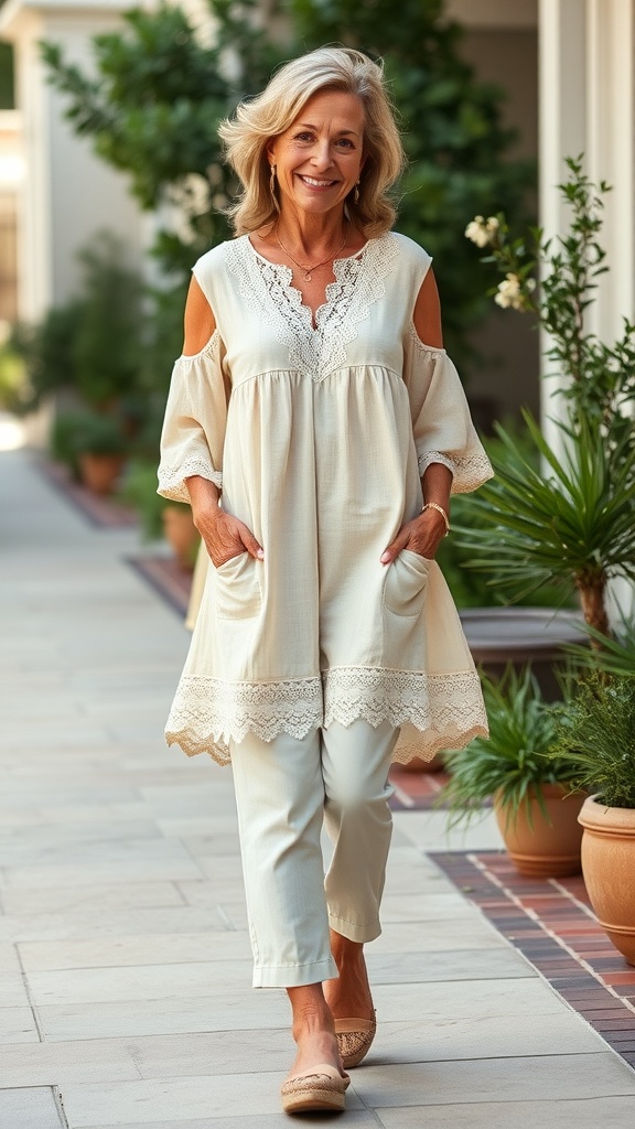 A woman wearing a lace-trimmed tunic and capri pants, smiling in a garden setting.