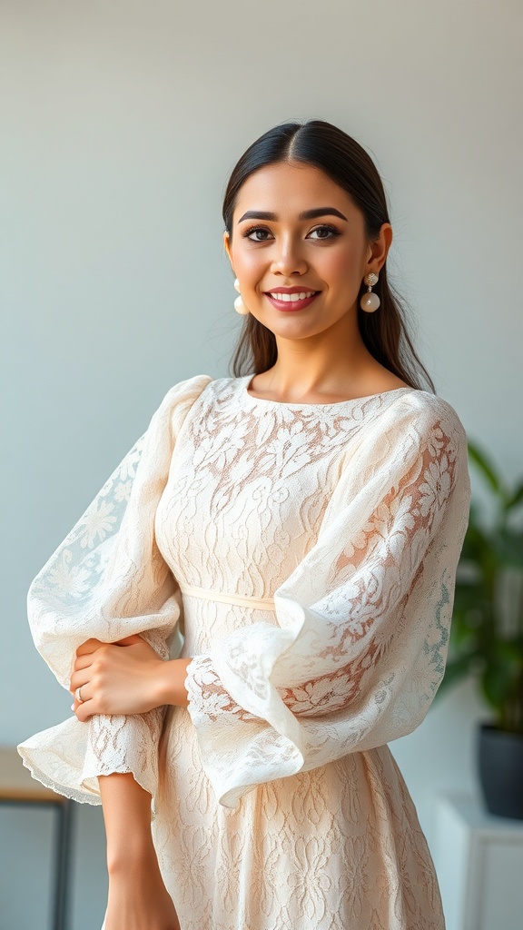 A woman wearing a lace mini dress with puffy sleeves, smiling and posing.
