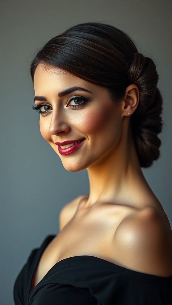 A woman with elegant twisted sides and a low knot hairstyle, showcasing a sophisticated look for ballroom dancing.