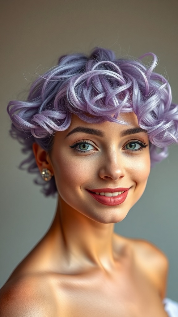 A person with a lavender curly crop hairstyle, showcasing defined texture.