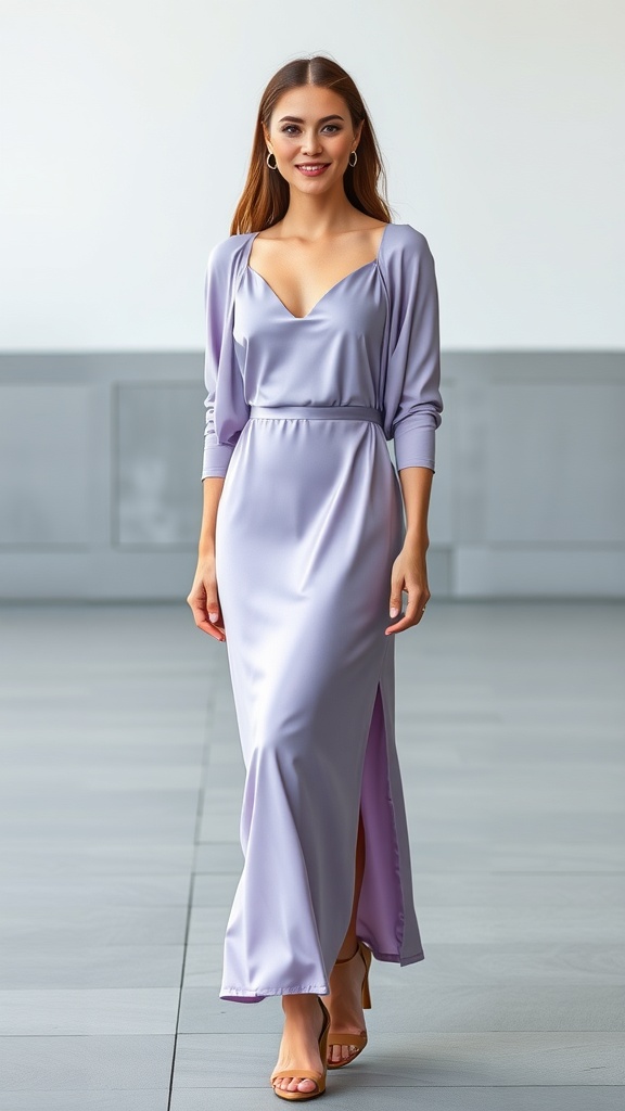 A woman wearing a lavender slip dress with a cropped cardigan, smiling confidently.
