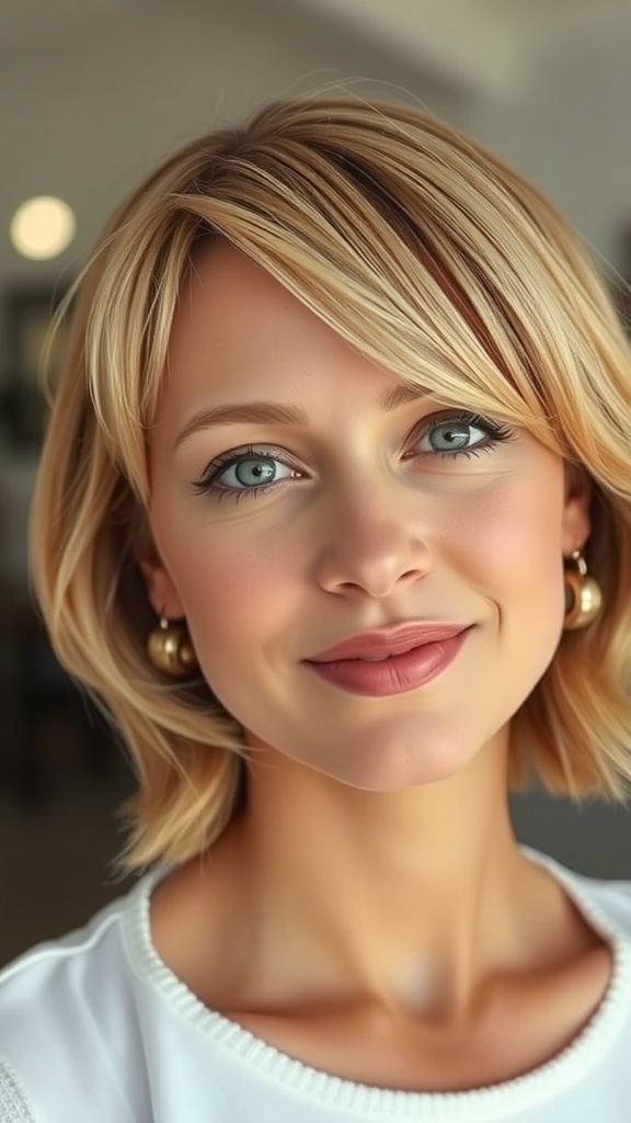 A woman with a layered blonde lob and side-swept fringe, showcasing a stylish and modern hairstyle.