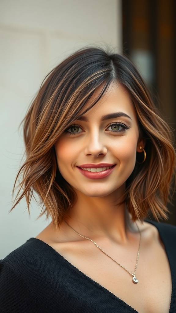 A woman with a layered bob hairstyle featuring soft waves, smiling at the camera.