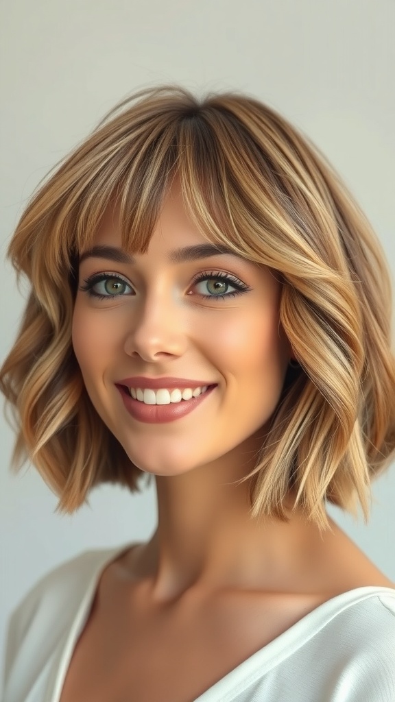 A woman with a layered bob hairstyle featuring wavy texture and loose bangs, smiling at the camera.