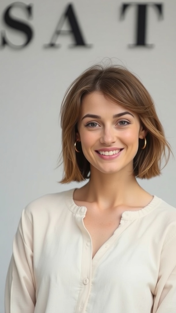 Layered brown lob hairstyle with tousled ends