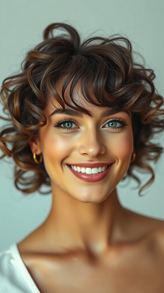 A woman with layered curly hair and a fringe, smiling brightly.