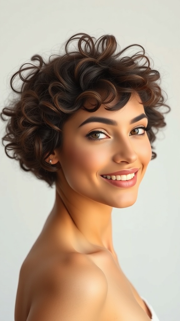 A woman with a layered curly bob hairstyle, smiling and showcasing her chin-length curls.