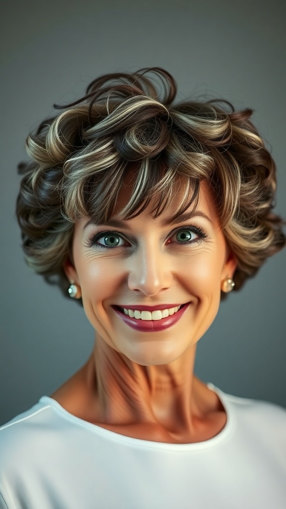 A woman with a layered curly bob hairstyle and fringe, showcasing a fresh and flattering look for older ladies.