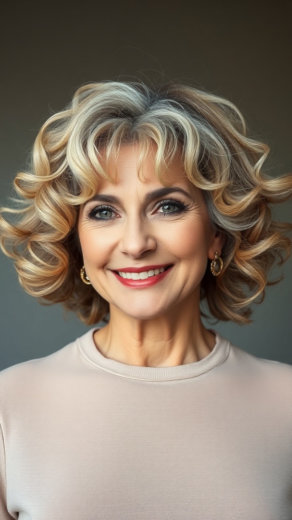 A woman with a layered curly bob hairstyle, showcasing natural texture and classy grey hair.