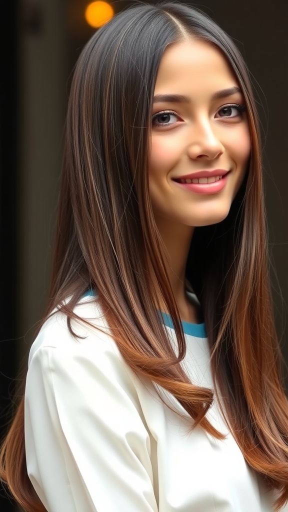 A woman with long, straight hair styled in a layered haircut with rounded volume, smiling softly.