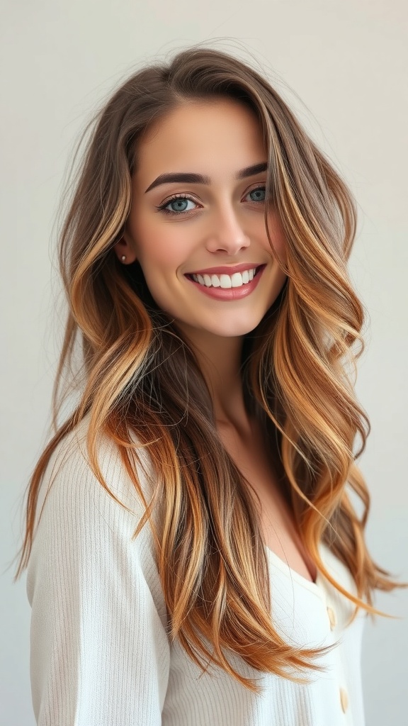A woman with layered wavy hair, smiling, showcasing an air-dried finish.