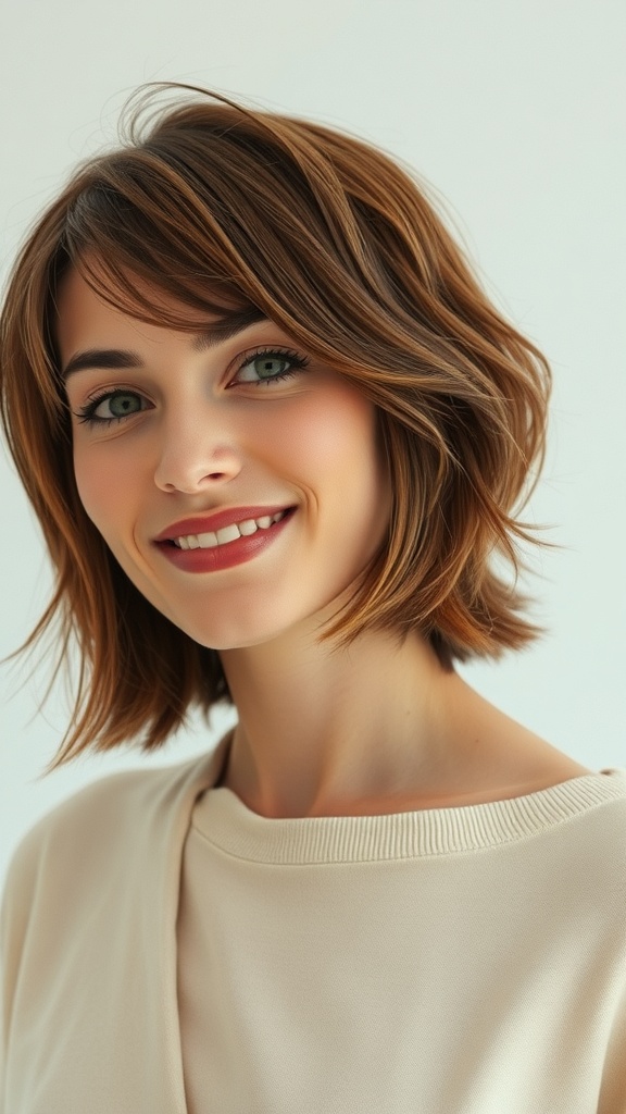 A woman with a layered lob hairstyle, showcasing 90s movement and texture.
