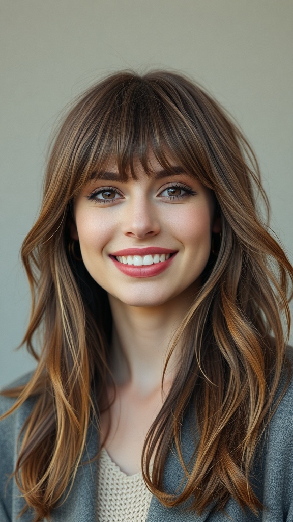 A woman with layered long hair and wispy bangs, smiling confidently.