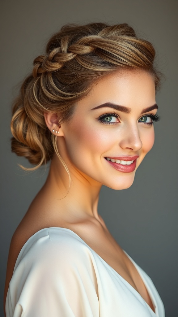 A bride with a layered low bun hairstyle featuring subtle twists and soft waves.