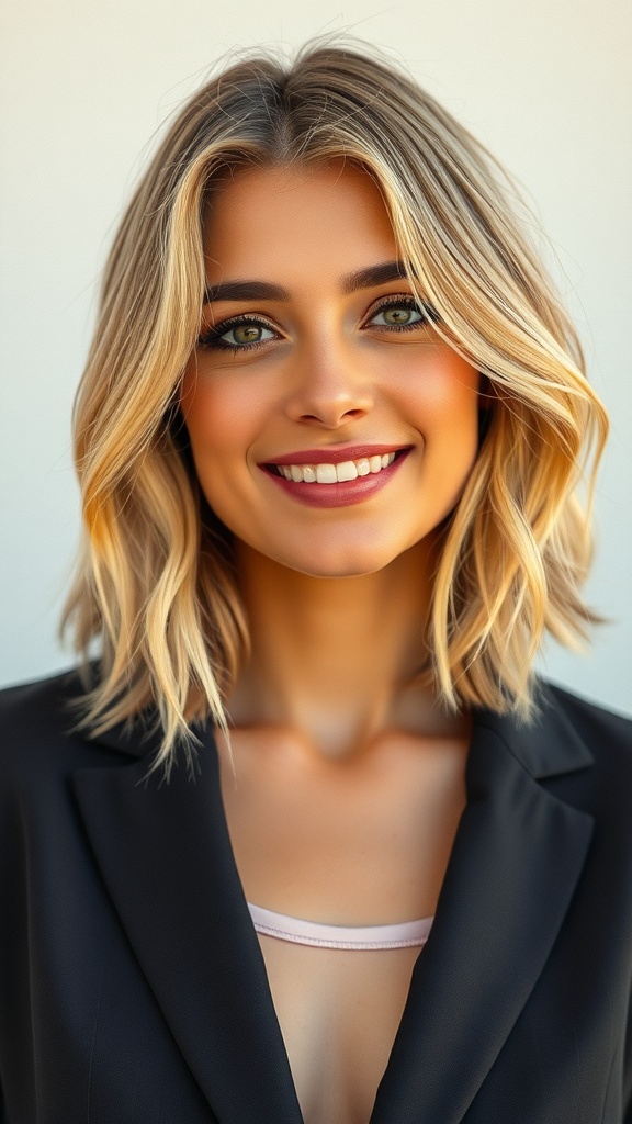 A smiling woman with layered midlength hair and highlighted tips, wearing a black blazer.