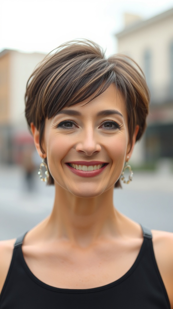 A woman with a layered pixie bob hairstyle, smiling confidently.
