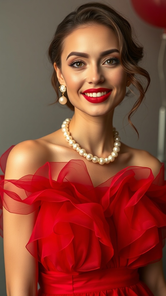 A woman wearing a layered red organza dress with ruffles, bold red lipstick, and pearl jewelry, smiling confidently.