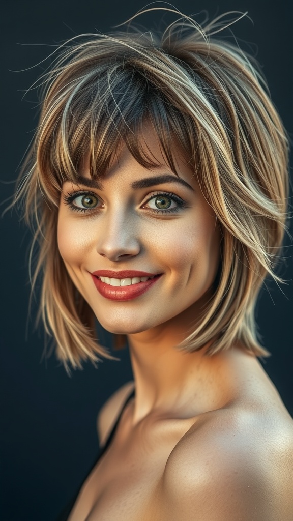A woman with a layered shag hairstyle featuring a choppy fringe, smiling at the camera.
