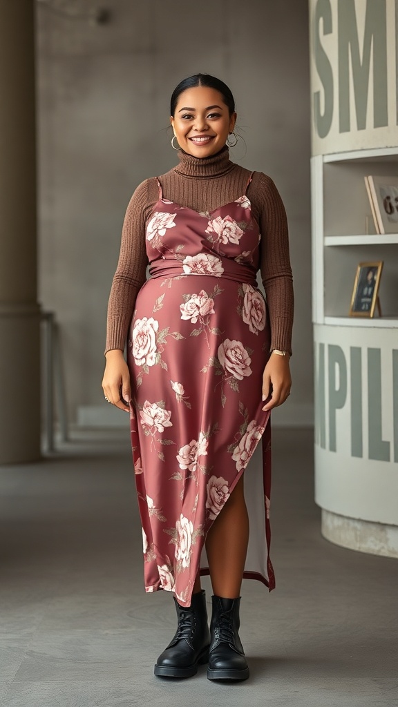 A woman wearing a floral slip dress over a brown turtleneck, paired with black boots, smiling confidently.