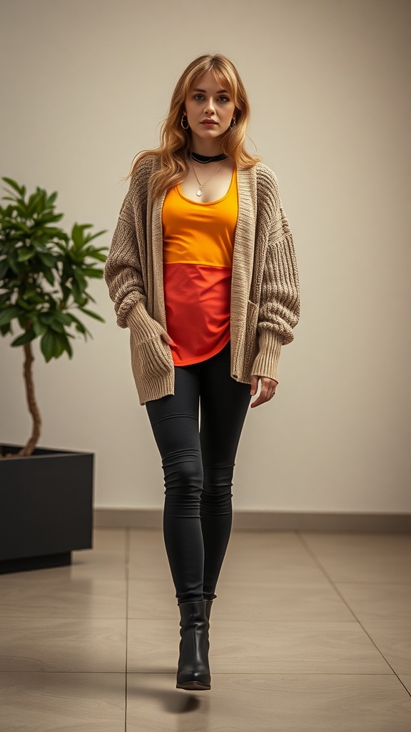 A model wearing a layered tank top with an oversized cardigan, showcasing a vibrant outfit with liquid leggings.