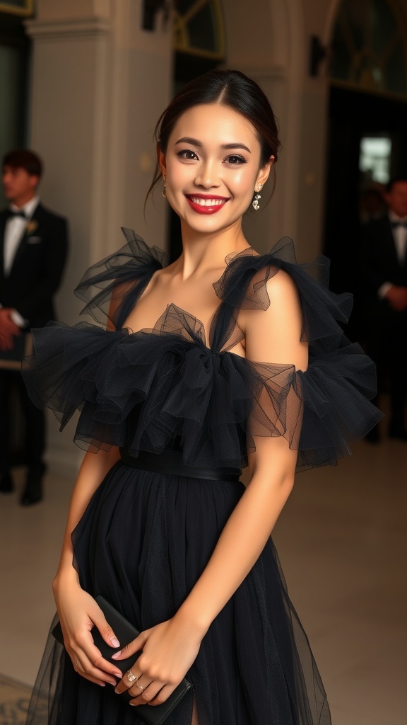 A woman wearing a layered tulle black dress with a cinched waist, smiling at a wedding event.