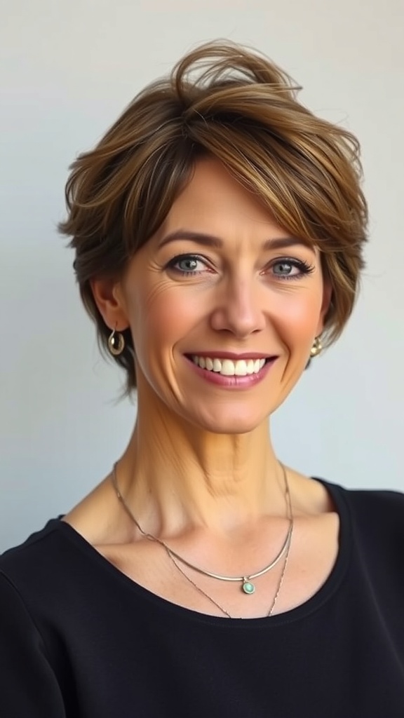 A woman with a layered wedge haircut and side-swept bangs, smiling and wearing a black top.